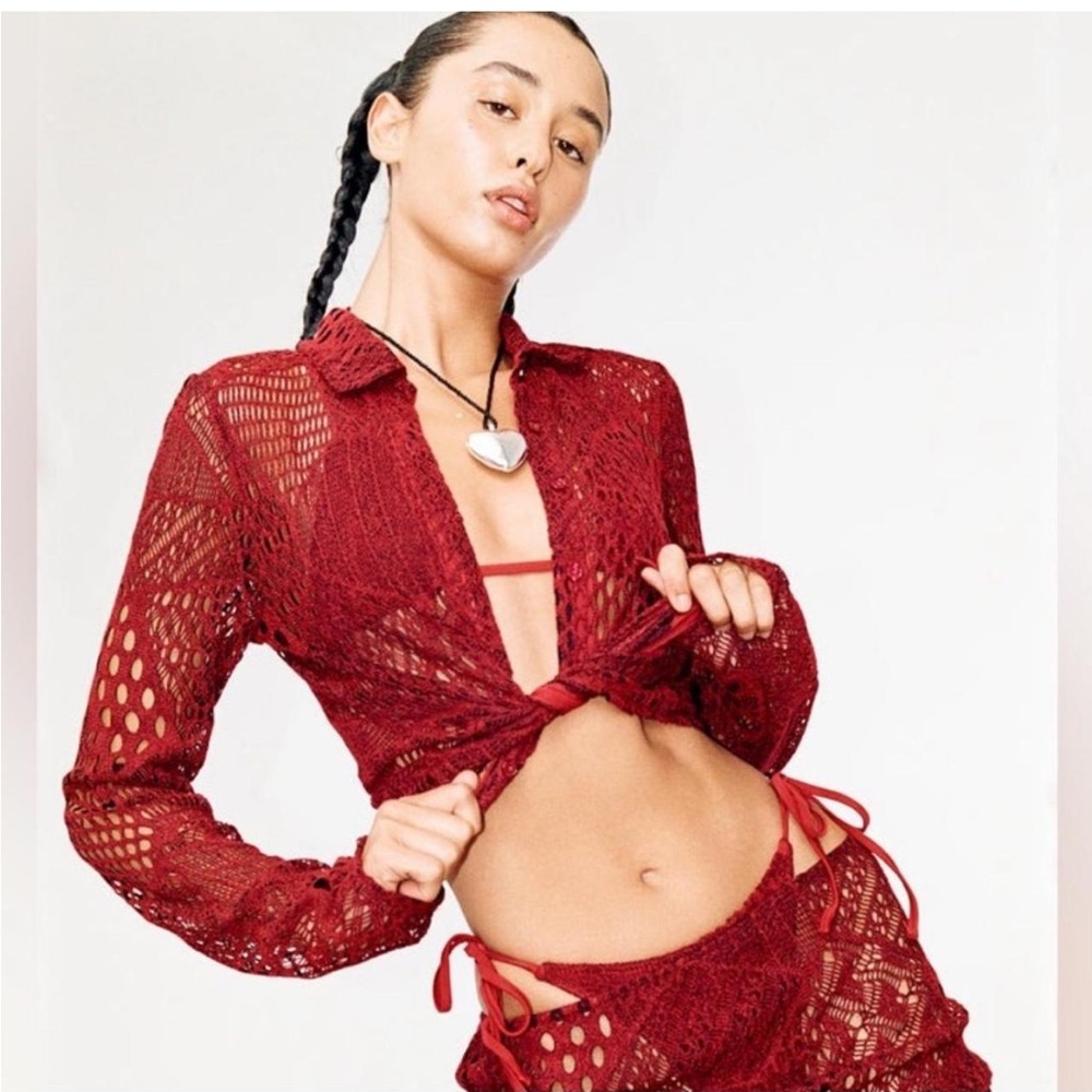 Red lace with jean cardigan and skirt set